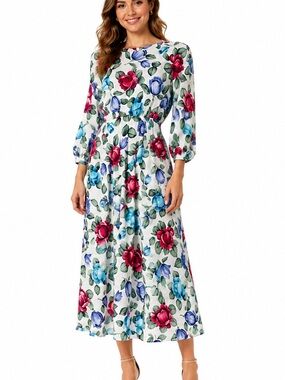 Vintage Orite Floral Midi Dress White Rose Print Dress Retro Cottagecore small